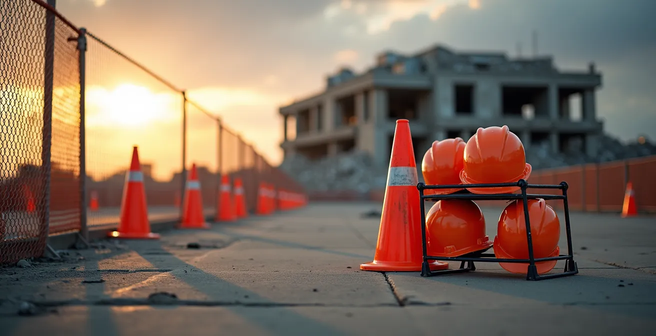 Environnement de chantier de démolition avec équipements de sécurité en premier plan