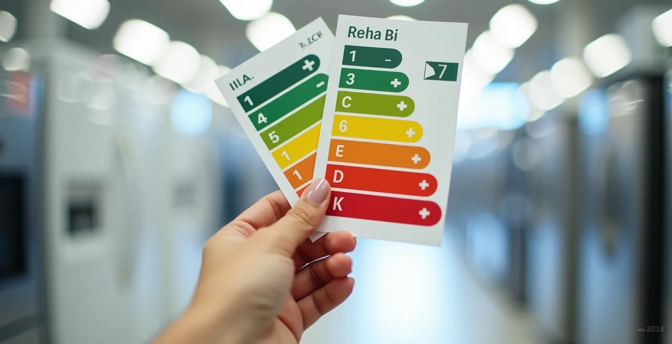 Main comparant deux étiquettes énergétiques colorées sur des lave-linges