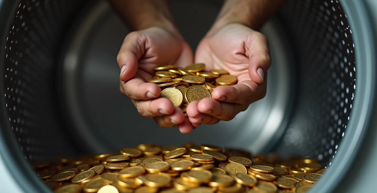 Gros plan sur des mains versant des pièces de monnaie dans un tambour de lave-linge